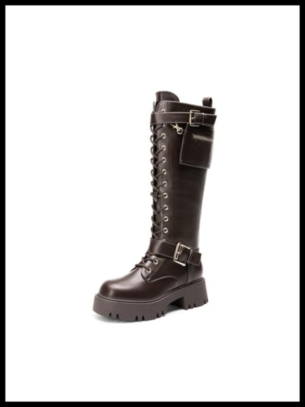 Knee High Combat Boots Platform Heels Faux Leather Lace Up